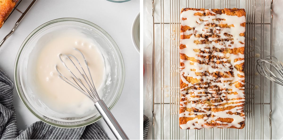 Two images of icing in a bowl with a whisk and icing drizzled over apple fritter bread on a wire rack.