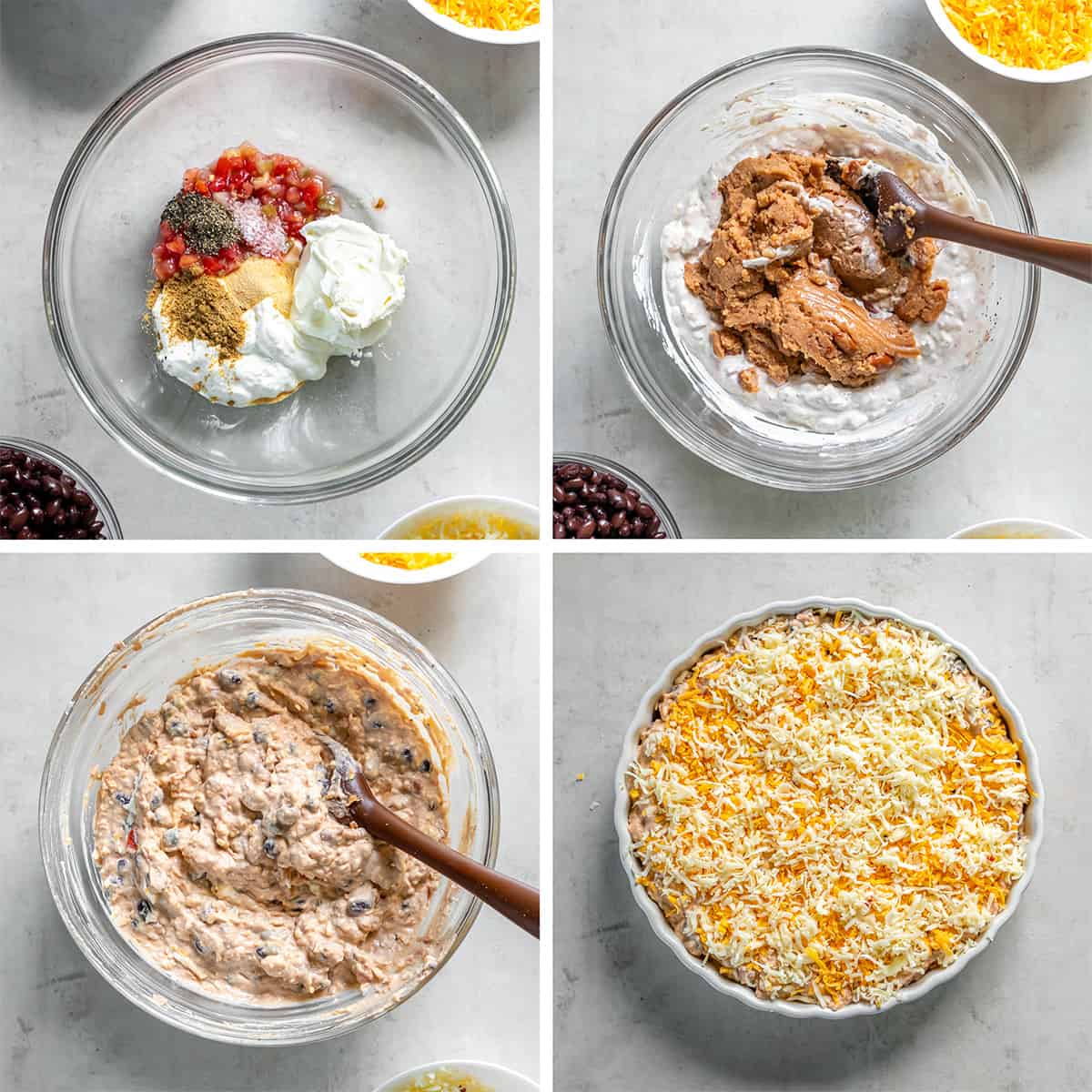 Four images of ingredients for bean dip being combined in a bowl and in a baking dish.