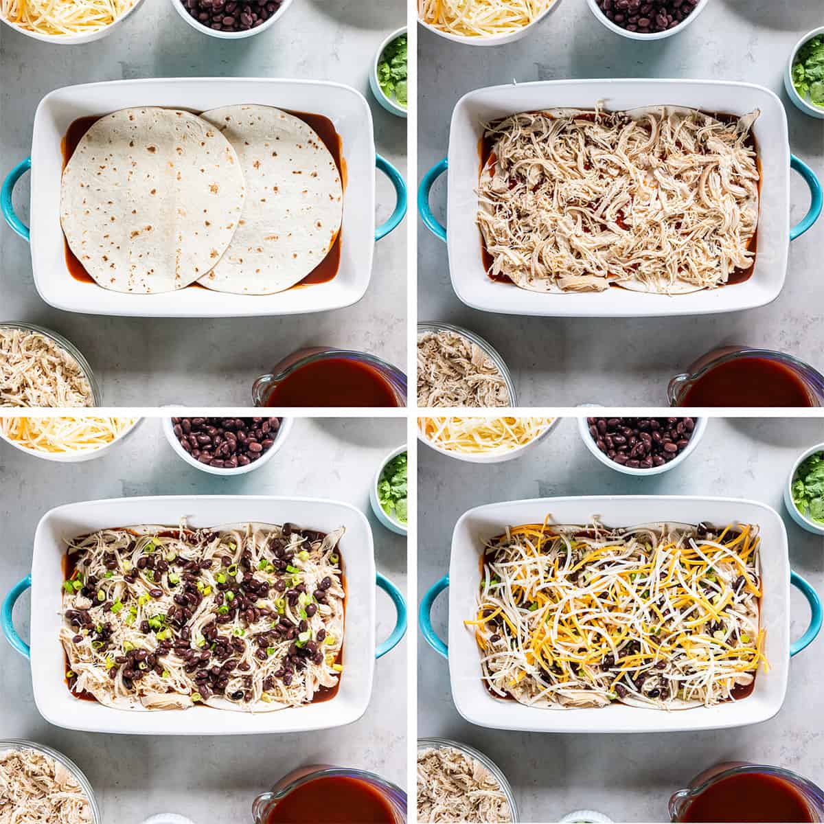 Four images of tortillas, enchilada sauce, chicken, cheese, and beans being layered in a baking dish.