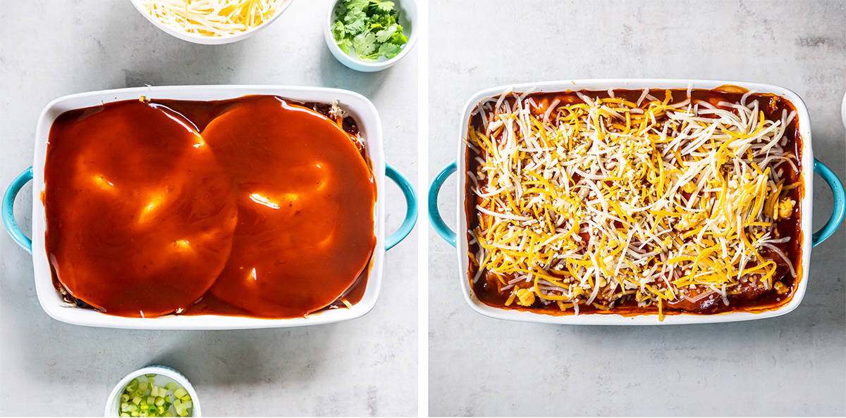 Two images of chicken enchilada casserole topped with red enchilada sauce and cheese in a baking dish.