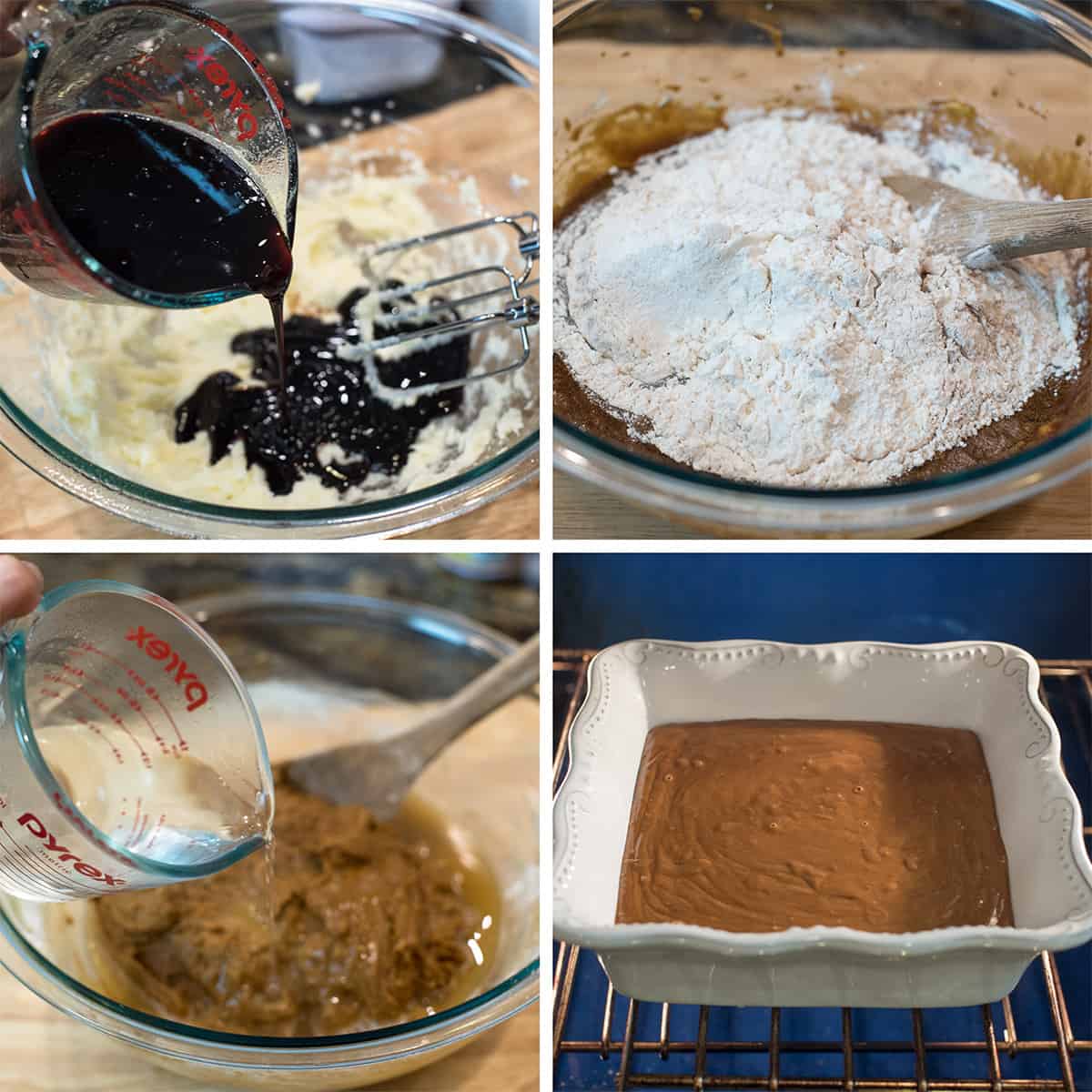 Four images of gingerbread cake batter being mixed in a bowl and baked in the oven in a small baking dish.