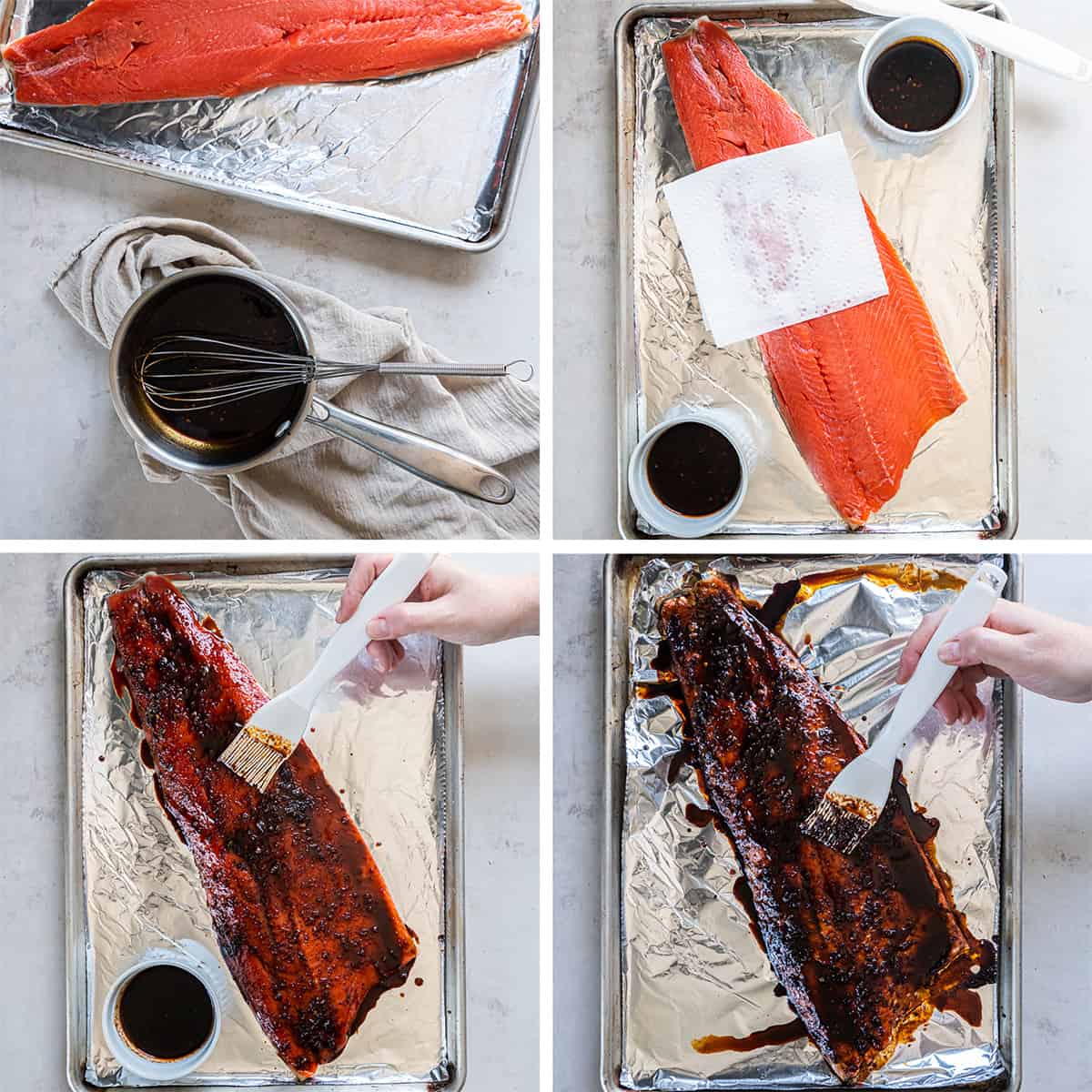 Four images of glaze in saucepan and being spread on a sockeye salmon fillet with a pastry brush.
