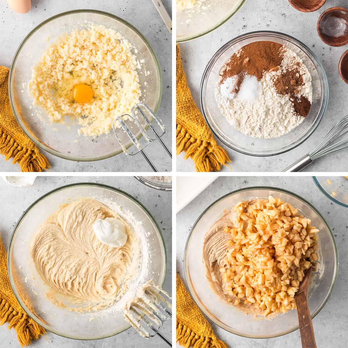 Four images of apple cake batter being combined in a glass mixing bowl.