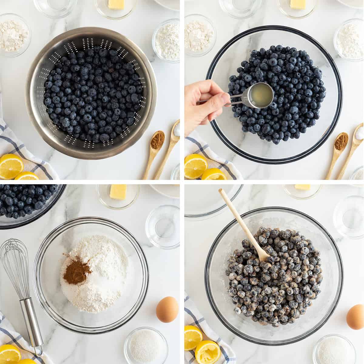 Four images of fresh blueberries, lemon juice, sugar and other ingredients being combined in a glass mixing bowl.
