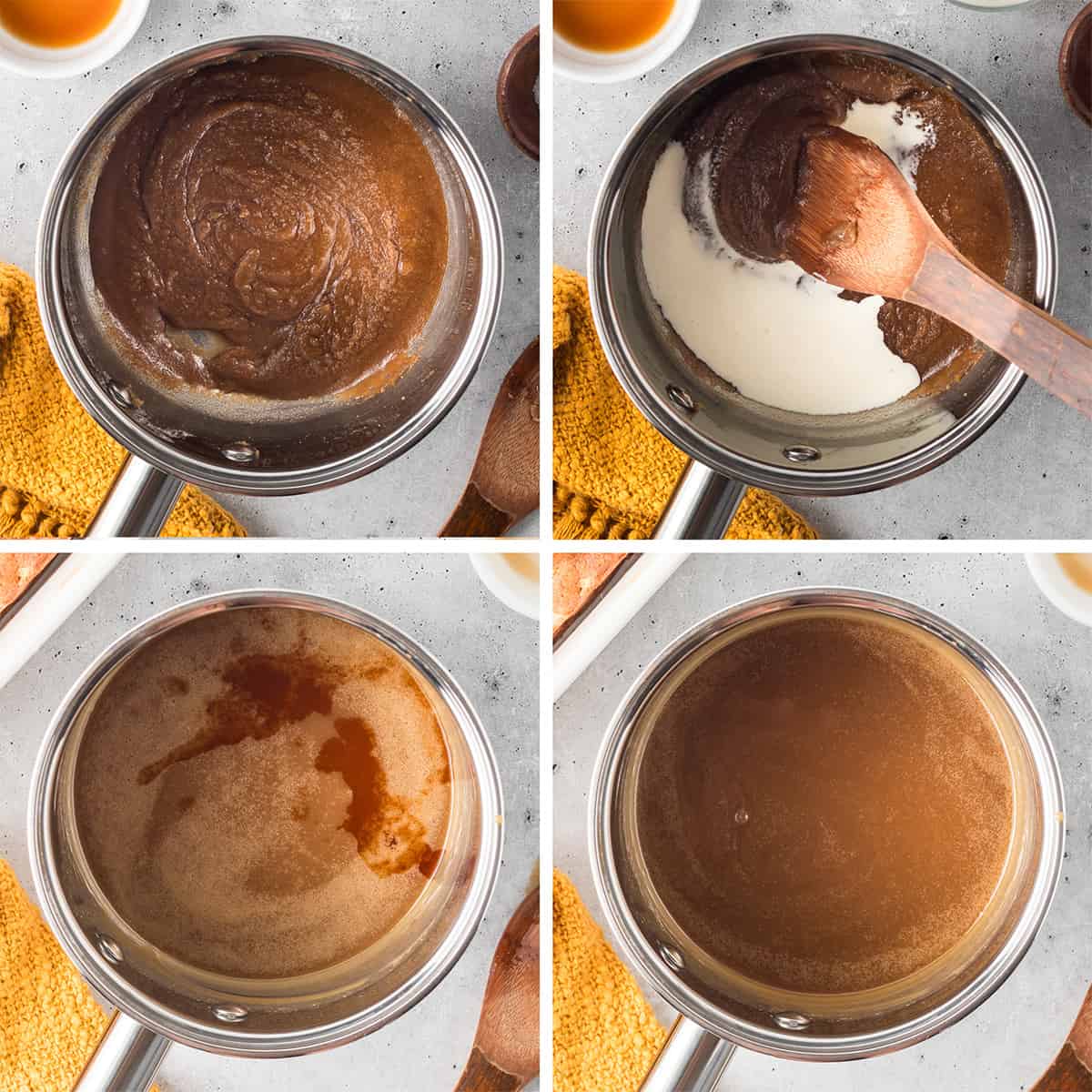 Four images of butter, brown sugar, vanilla, and heavy cream being combined in a saucepan.