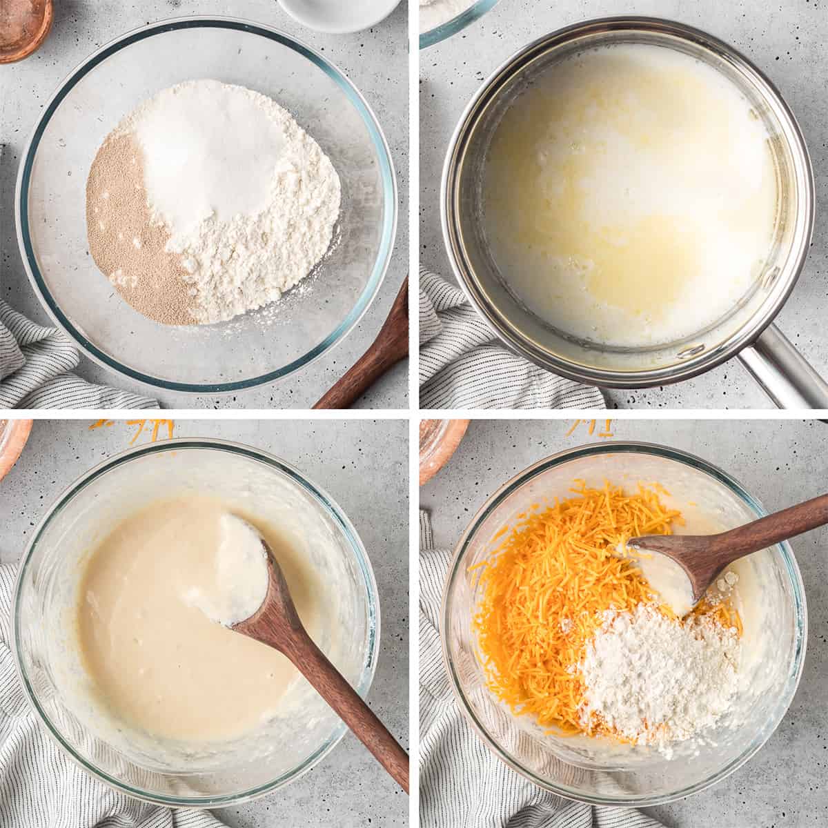 Four images of cheddar dinner roll ingredients being combined in a glass mixing bowl.