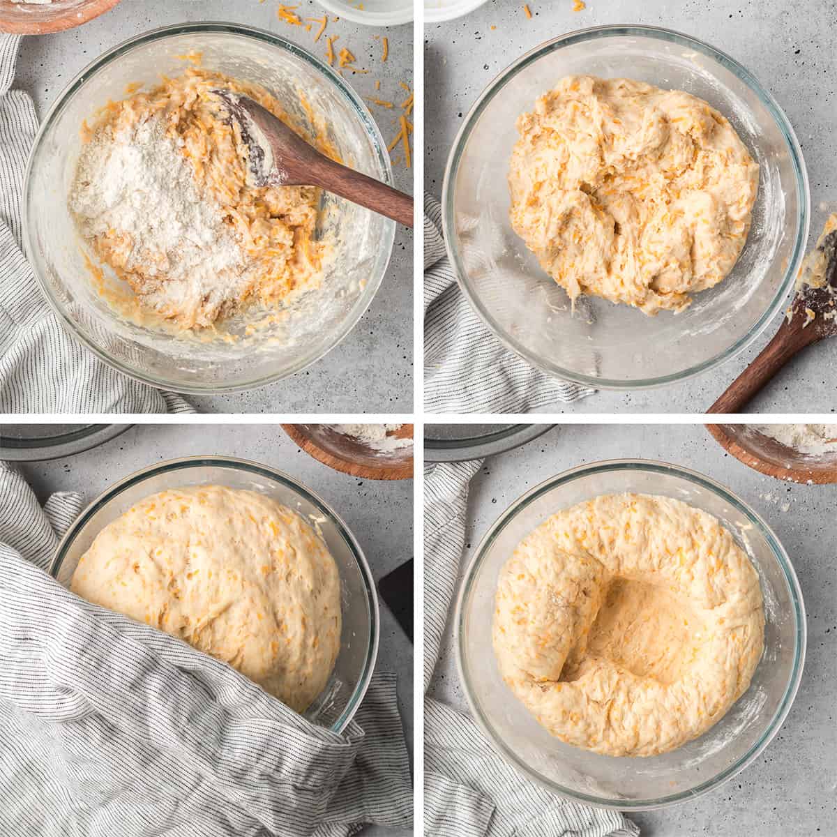Four images of cheddar dinner roll dough before and after rising in a glass bowl.