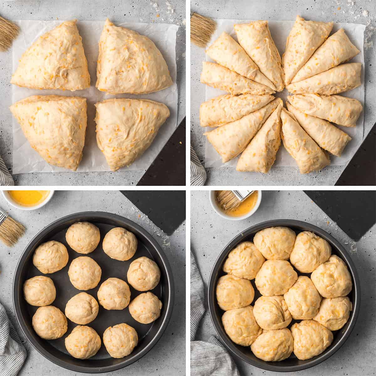 Four images of cheddar dinner roll dough cut into even sized pieces, rolled i to balls and placed in a round metal cake pan.