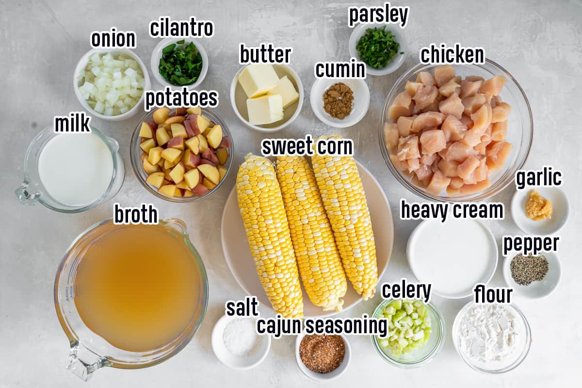 Three ears of sweet corn, chicken broth, potatoes, chicken and other ingredients in bowls with text.