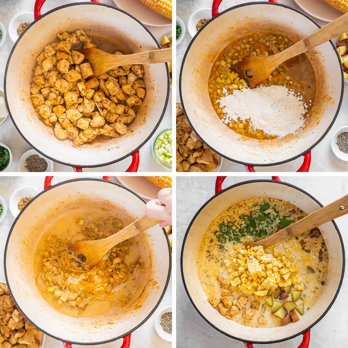 Four images of chicken and other ingredients in a Dutch oven with a wooden spoon.