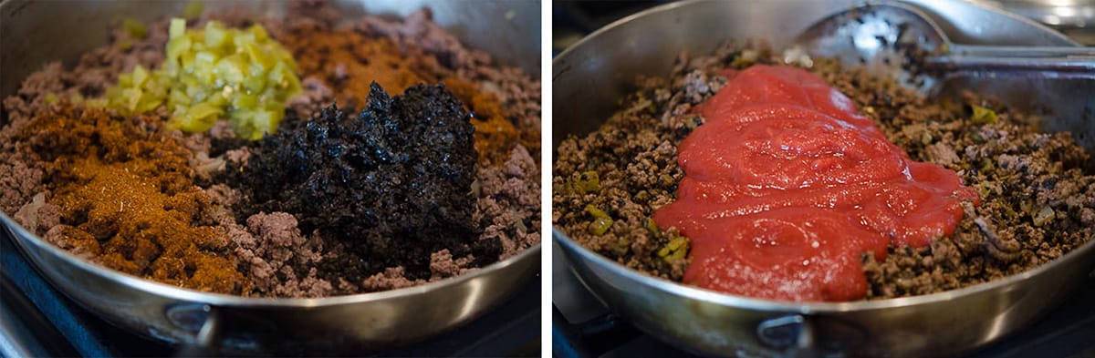 Two images of tomato sauce added to a cooked beef mixture in a pan and a spoon stirring the mixture.