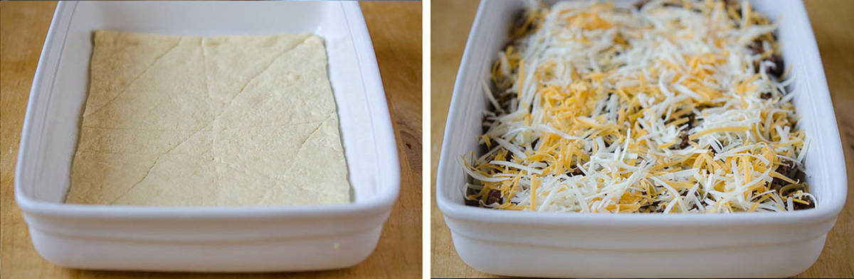Two images of a sheet of crescent roll dough spread across the bottom of a casserole dish and then topped with a beef mixture and shredded cheese.