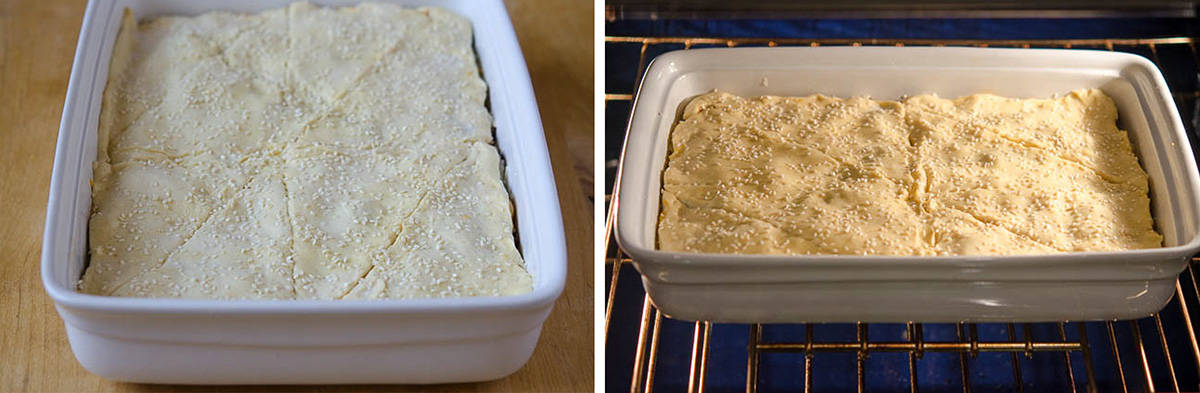 A layer of crescent roll dough on top of a casserole and the casserole baking in the oven.