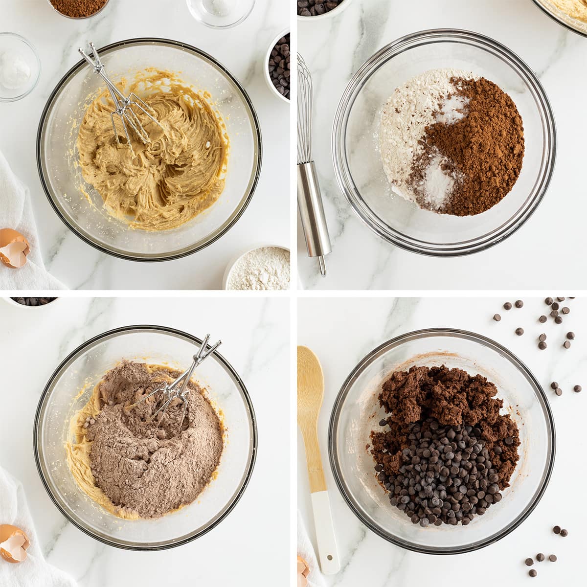 Four images of ingredients for cookie dough being combined in a glass bowl.