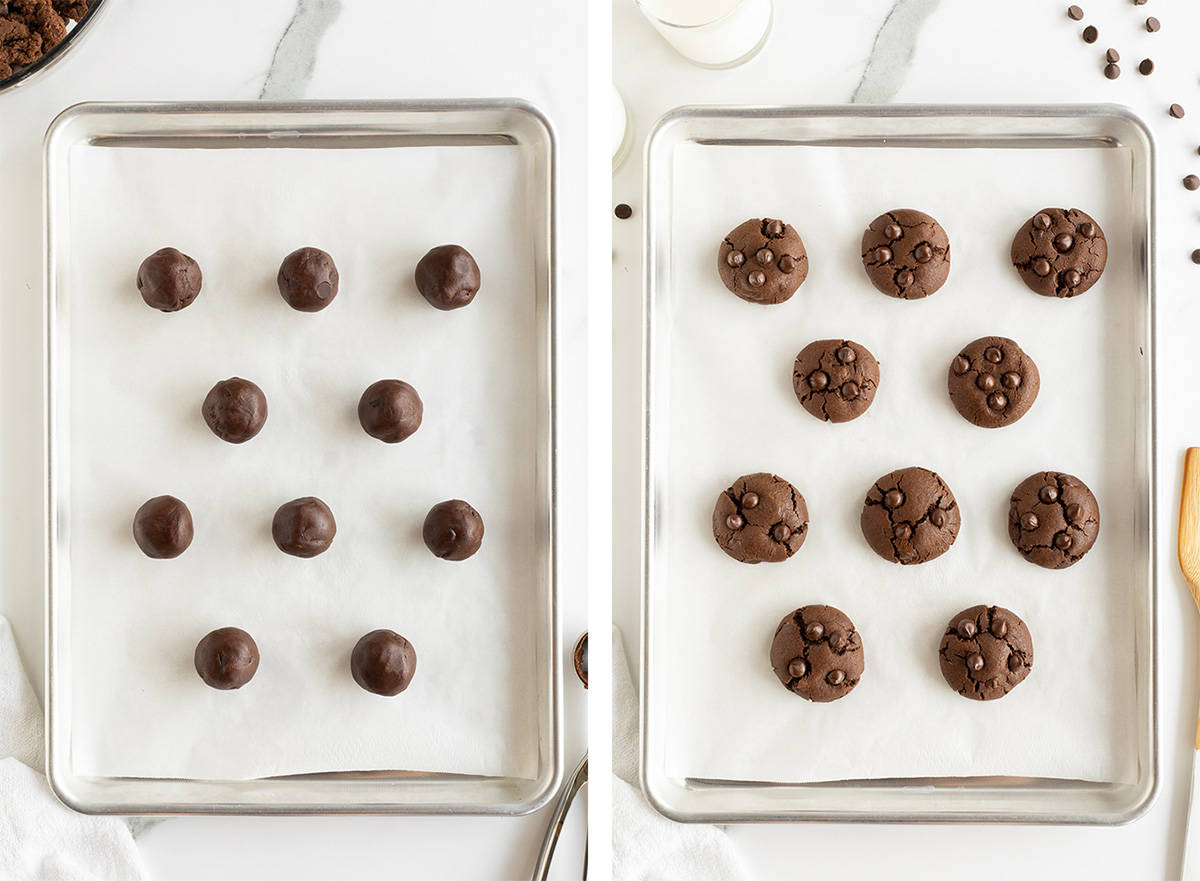 Two images of chocolate cookie dough on a parchment paper lined baking sheet before and after baking.