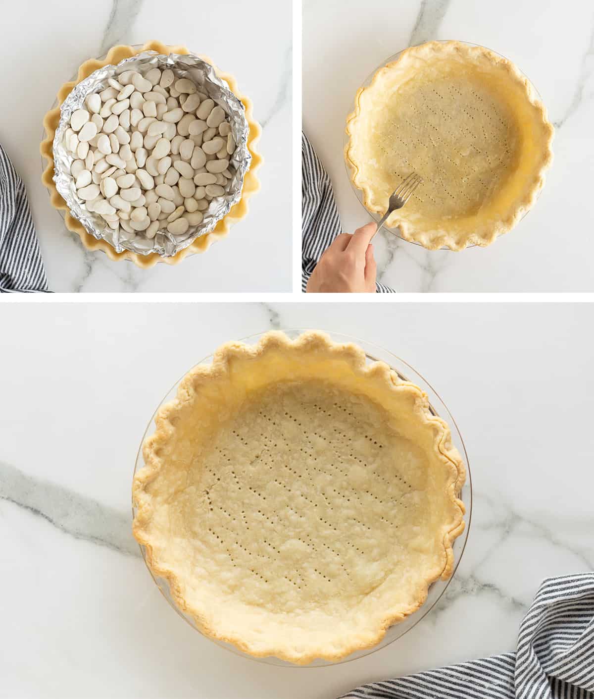 Three images of a pie crust with pie weights, a fork docking the crust and a blind baked crust.