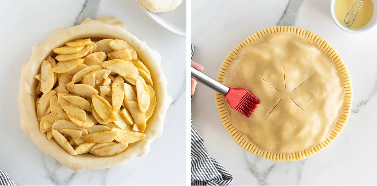 Two images of apples piled in a pie crust and a top crust being brushed with egg wash.