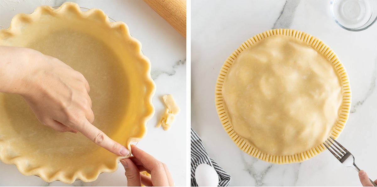 Two images of fingers fluting the edge of a pie crust and a fork crimping the edges.