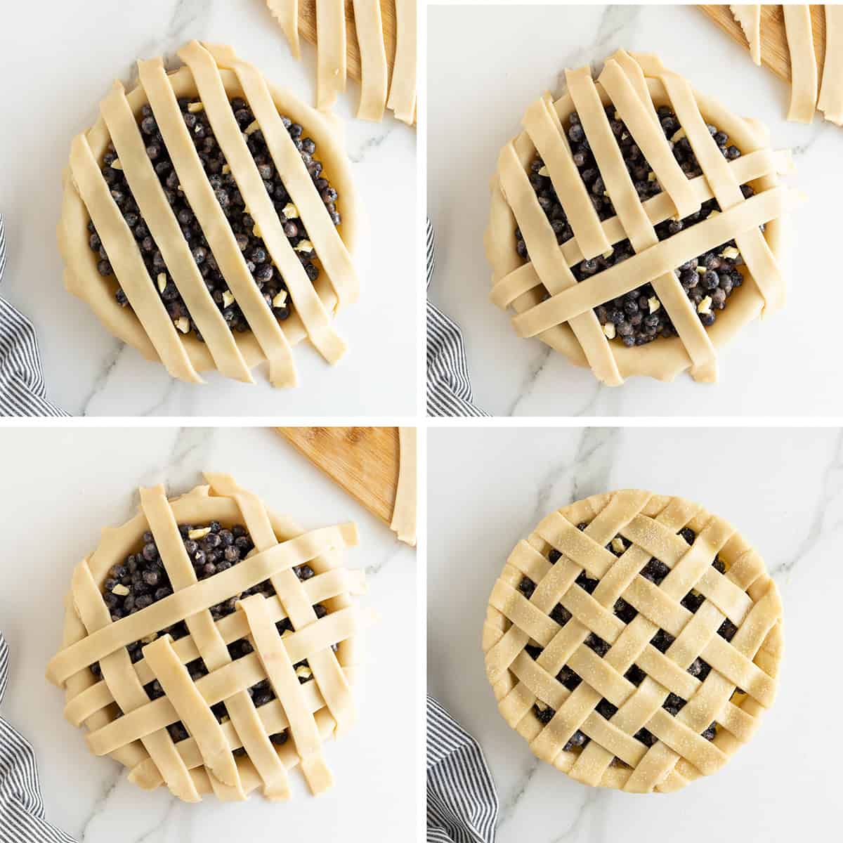Four images of strips of pie crust lying across the top of a blueberry pie to create a lattice pie crust.