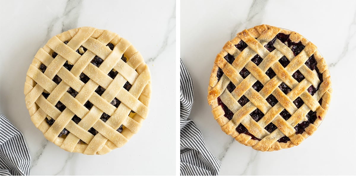 A lattice crust pie before and after being baked.