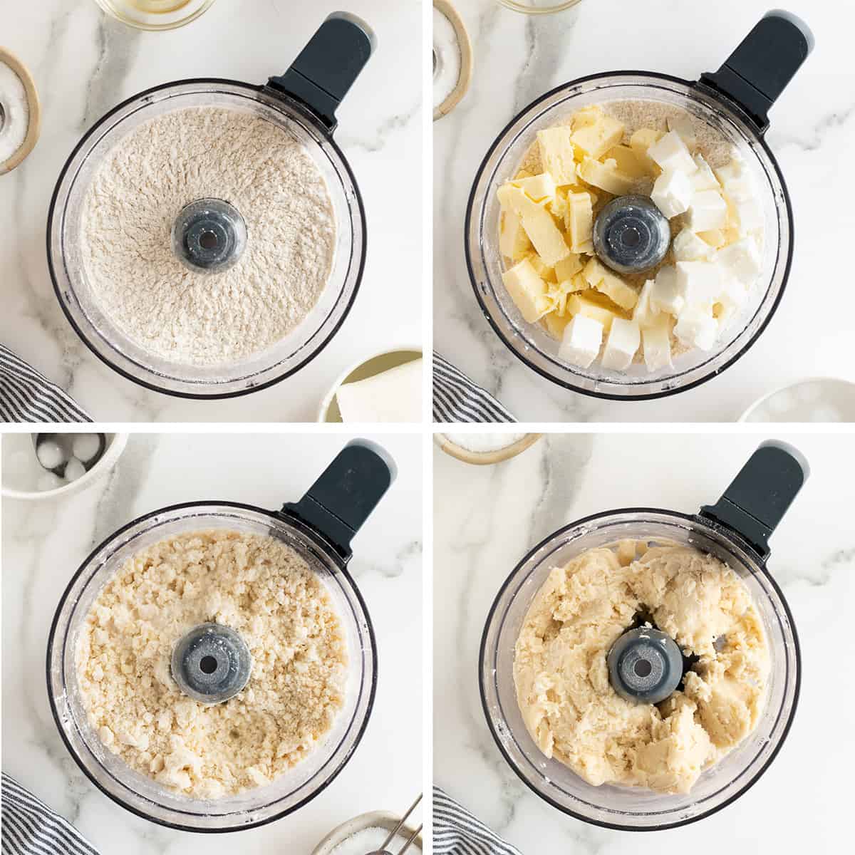 Four images of flour, butter and other ingredients in the bowl of a food processor.
