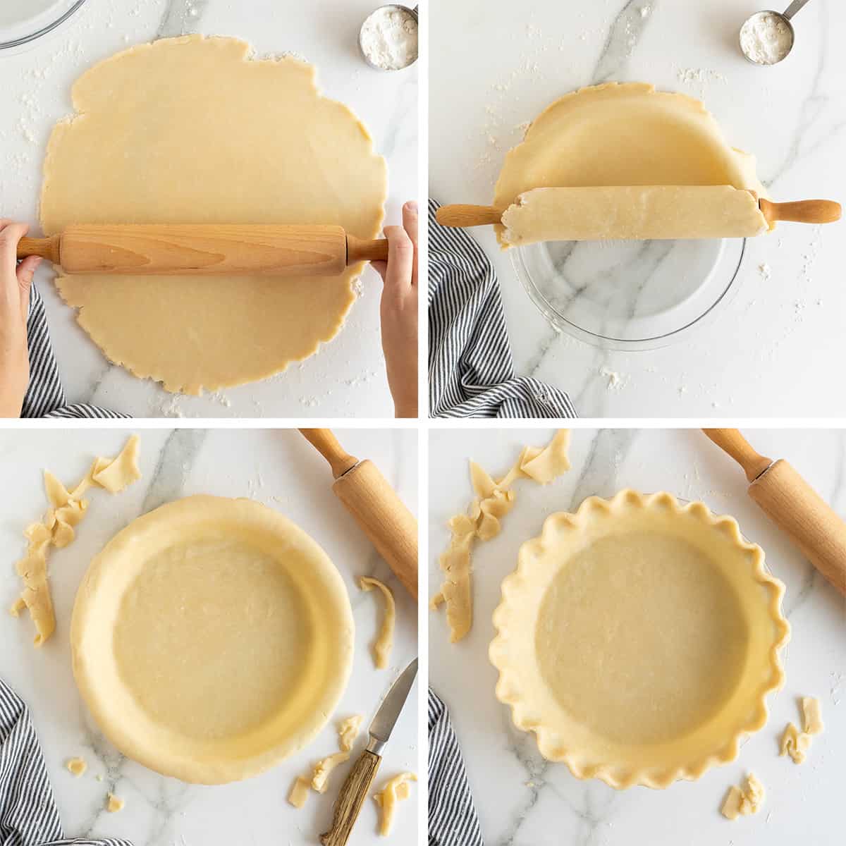 Four images of a rolling pin on a pie crust, the crust being transferred on the rolling pin to a pie plate, and a decorative fluted edge on the crust.
