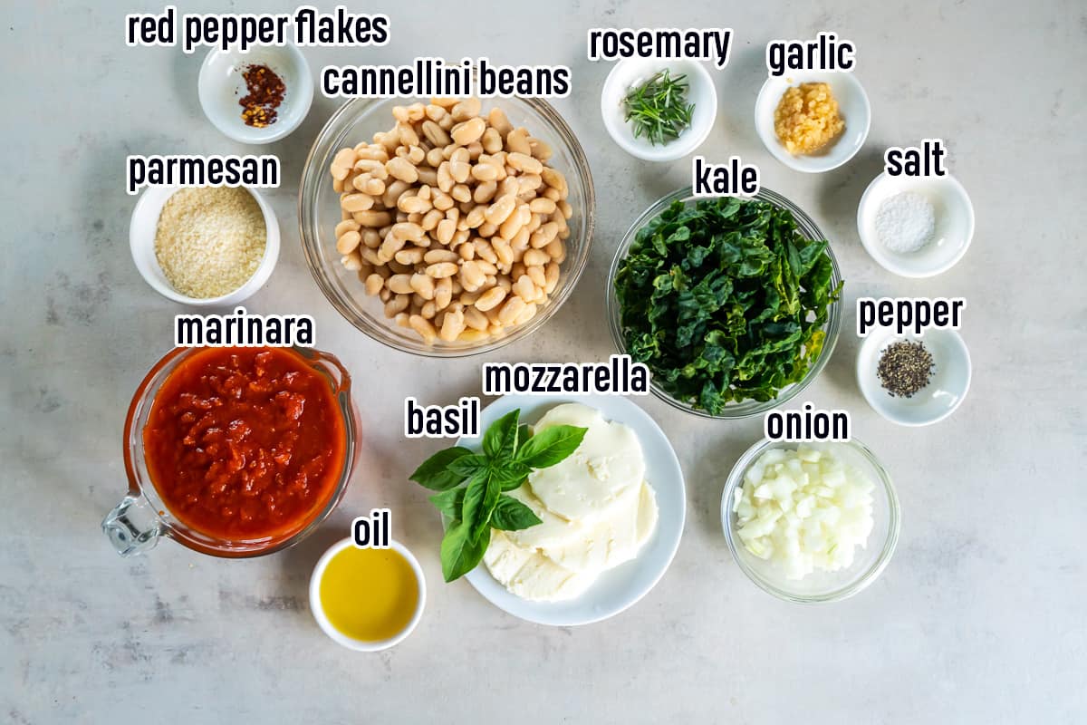 Cannellini beans, lacinto kale, marinara sauce and other ingredients in bowls with text.