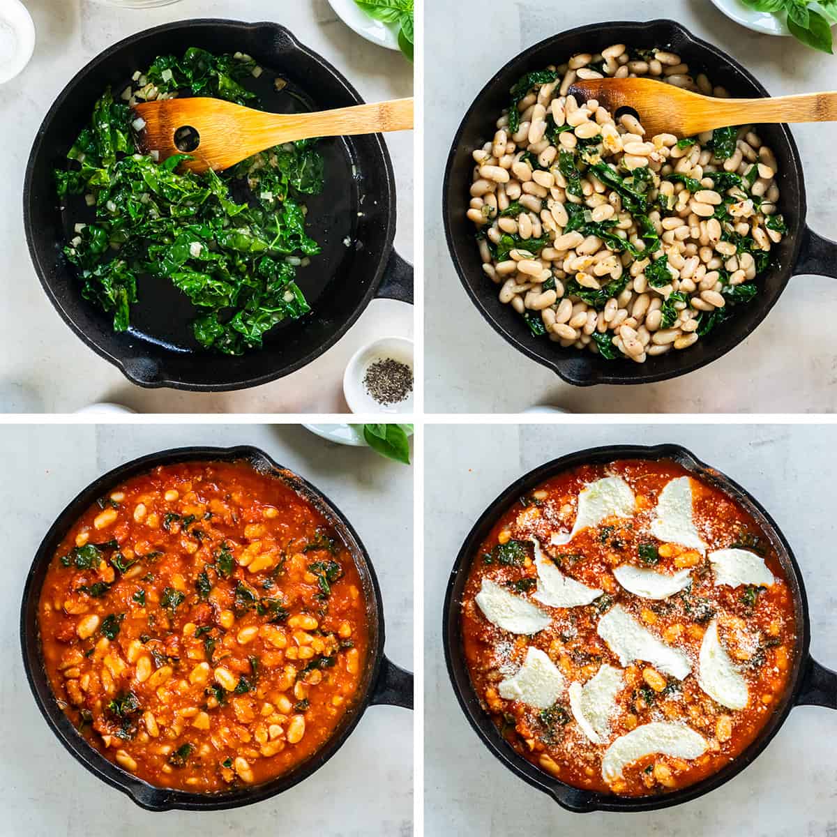 Four images of kale, white beans, marinara sauce, and cheese in a cast iron skillet.