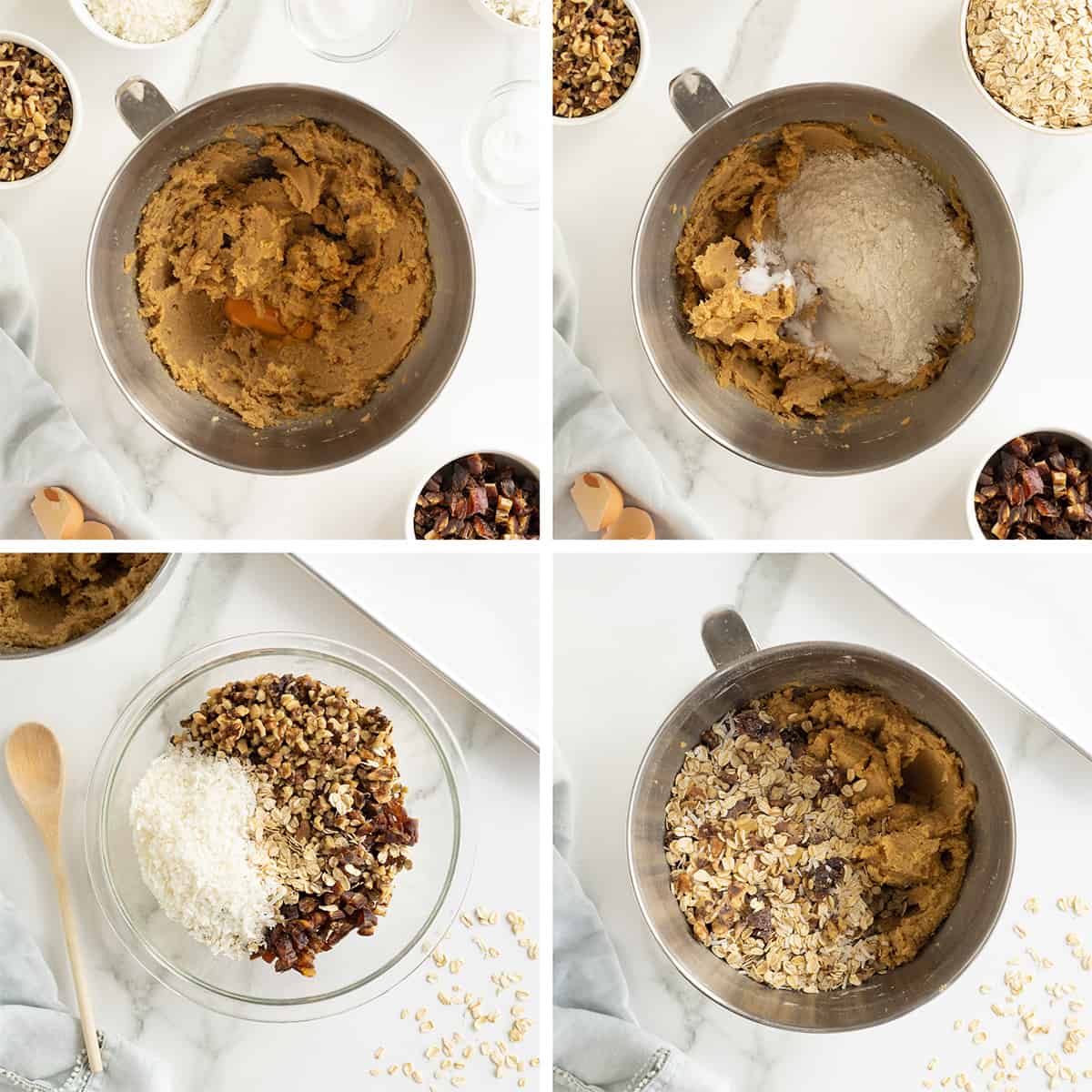 Four top down shots of cookie ingredients being combined in a metal mixing bowl.