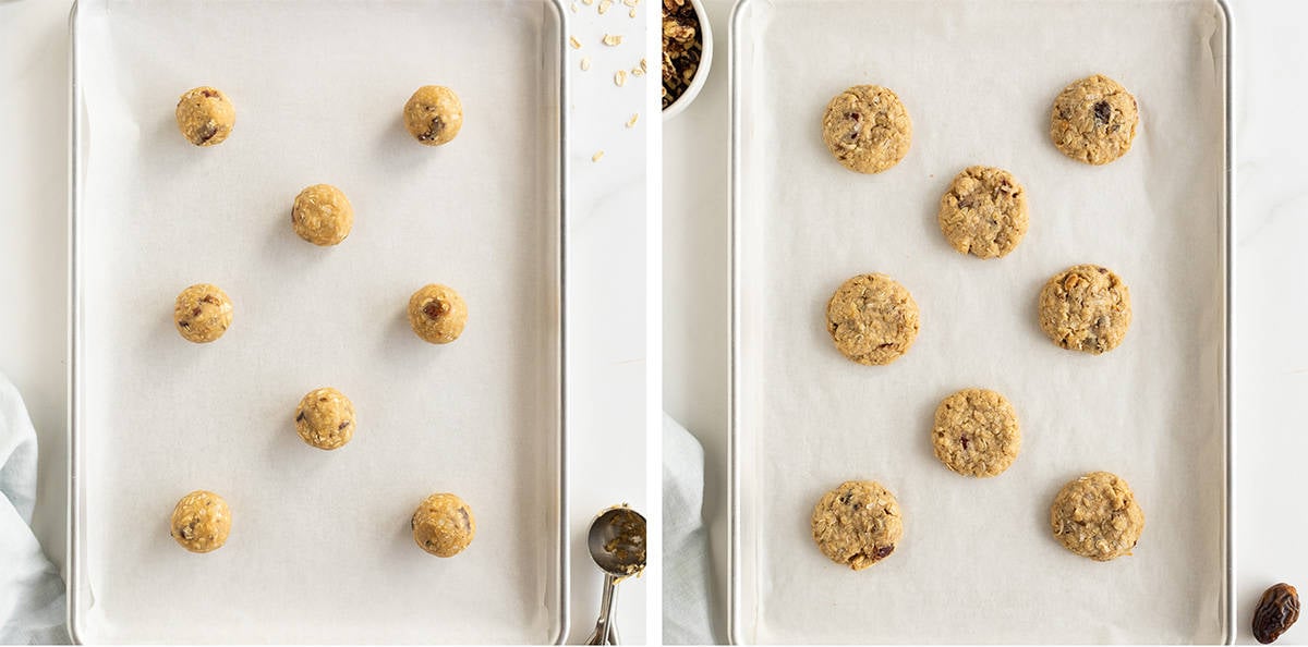 Two images of balls of cookie dough on a baking sheet before and after being baked.