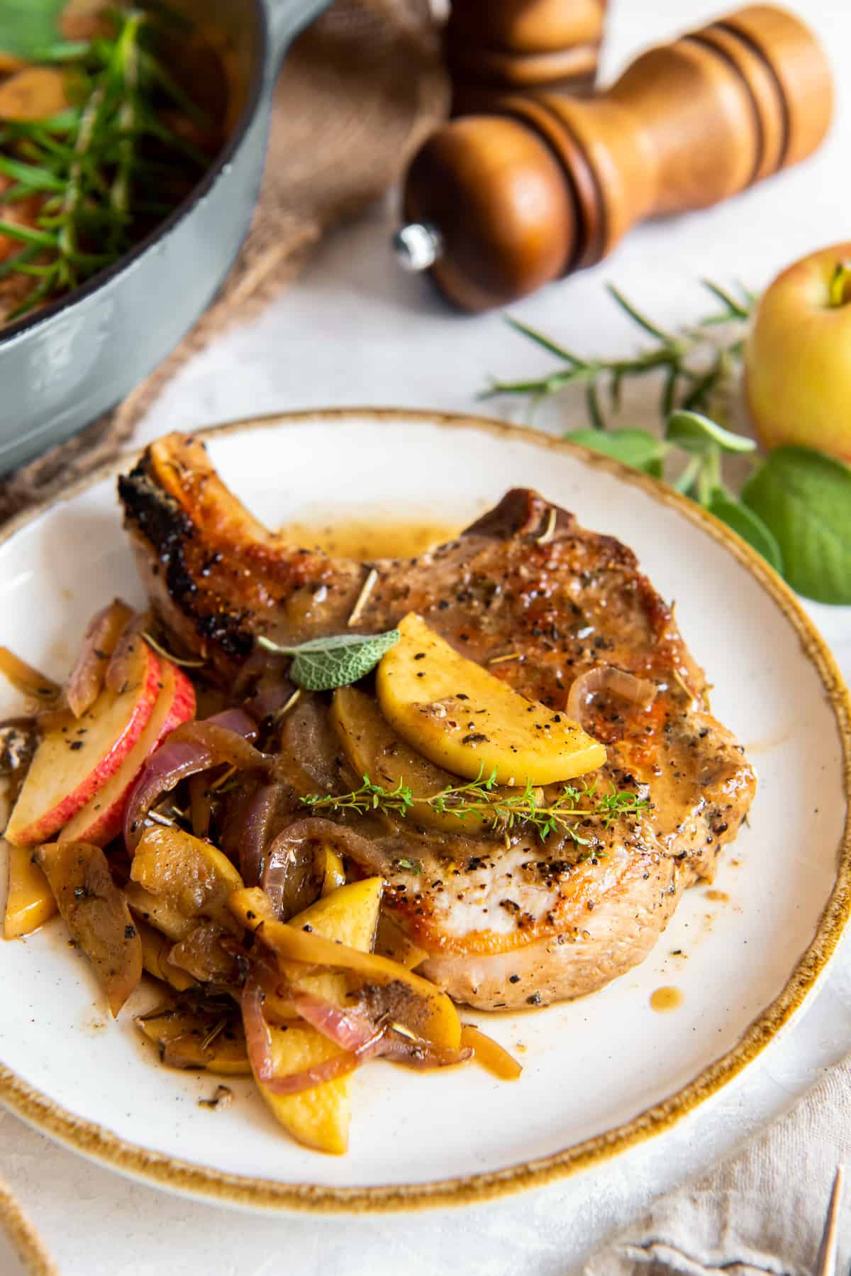 A side view close up of a pork chop on a dinner plate topped with sauce, apples, and onions.