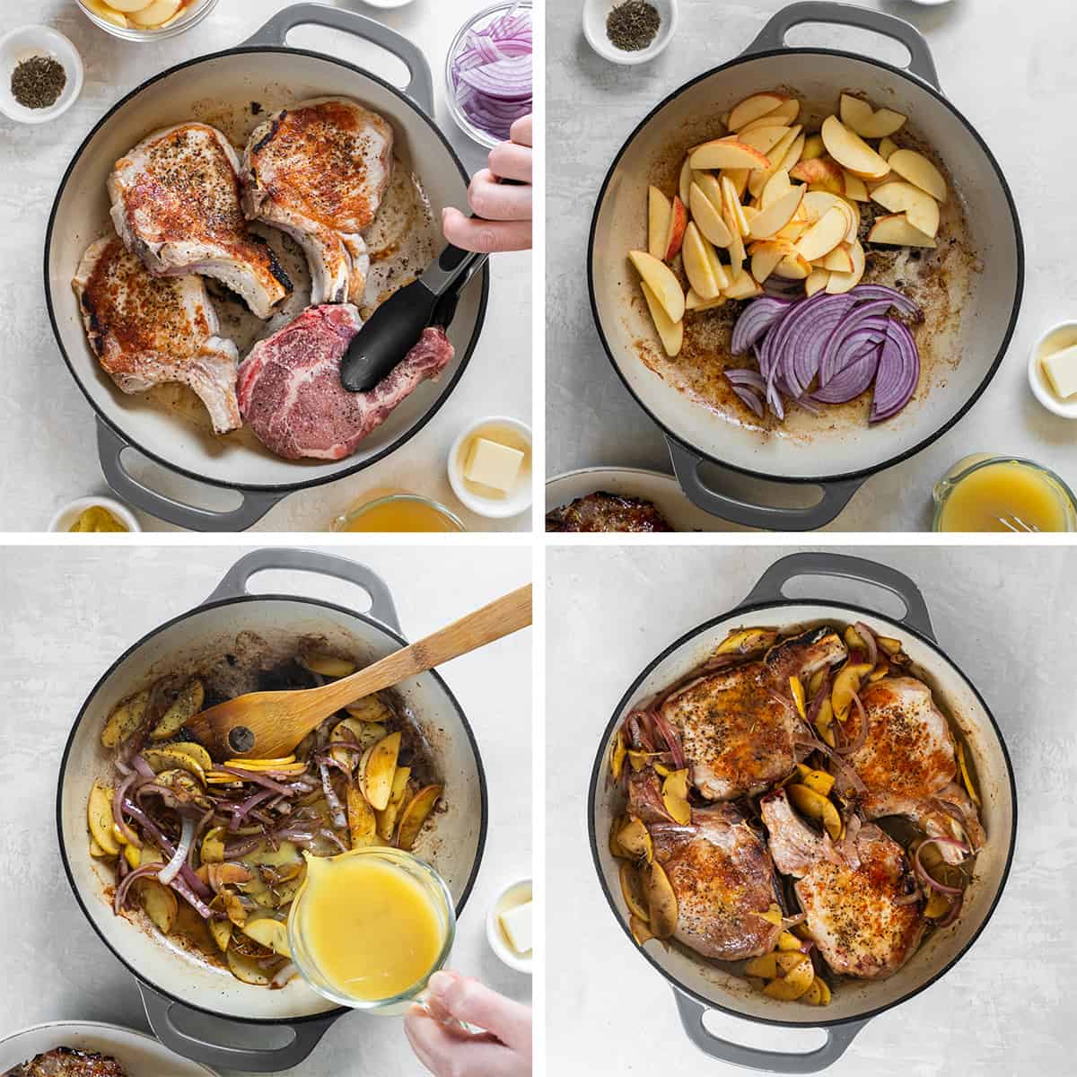 Four images of pork chops, apples, onions and other ingredients being added to a skillet.