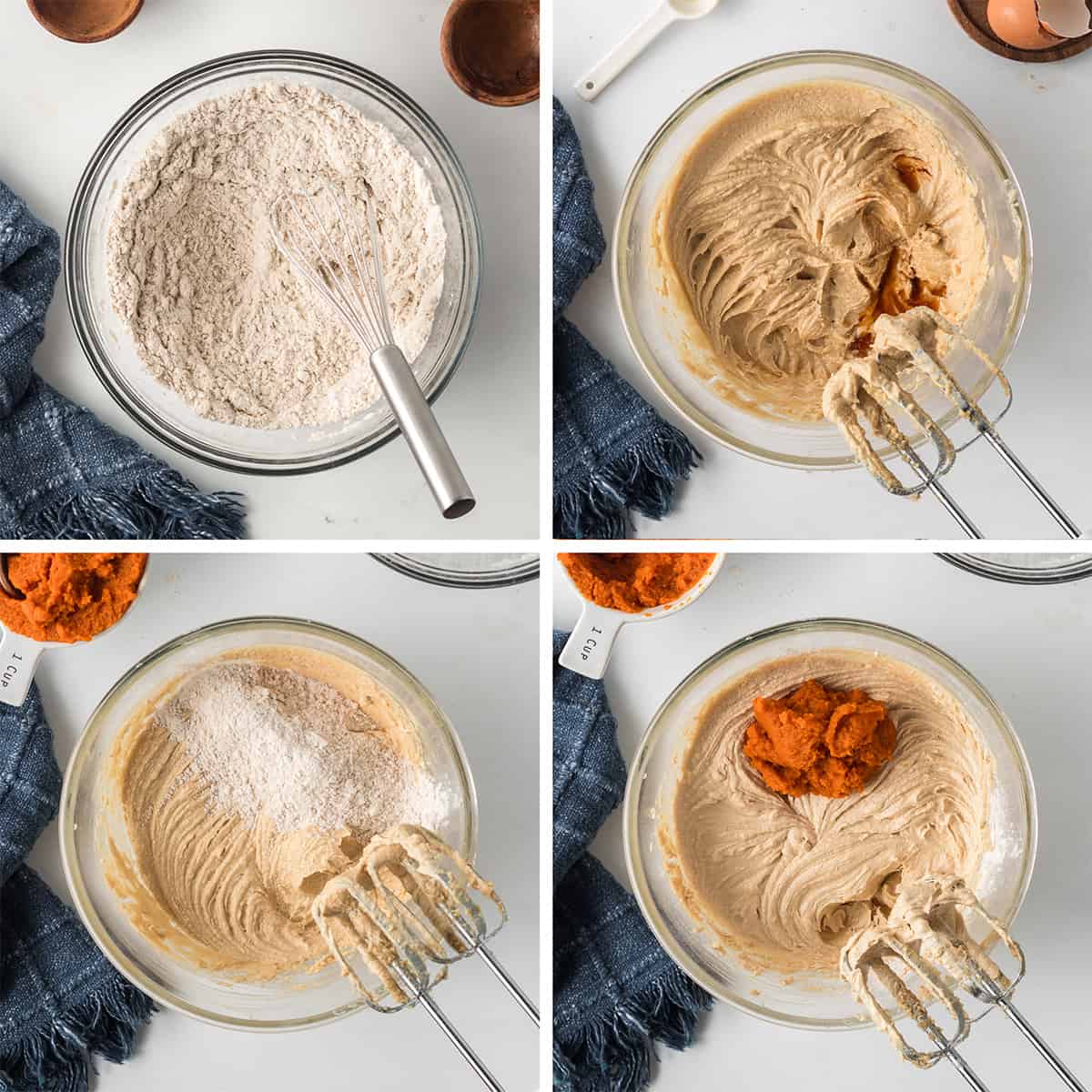 Four images of dry ingredients and wet ingredients being combined in a mixing bowl.
