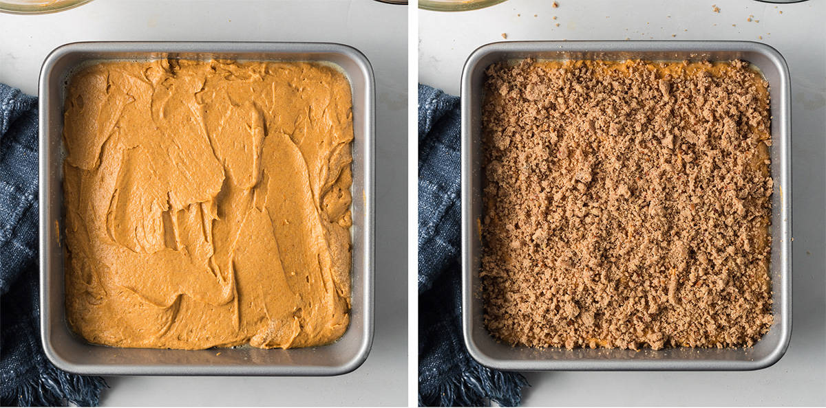 Two images of pumpkin crumb cake batter in a metal baking pan and then it is topped with a crumb topping.