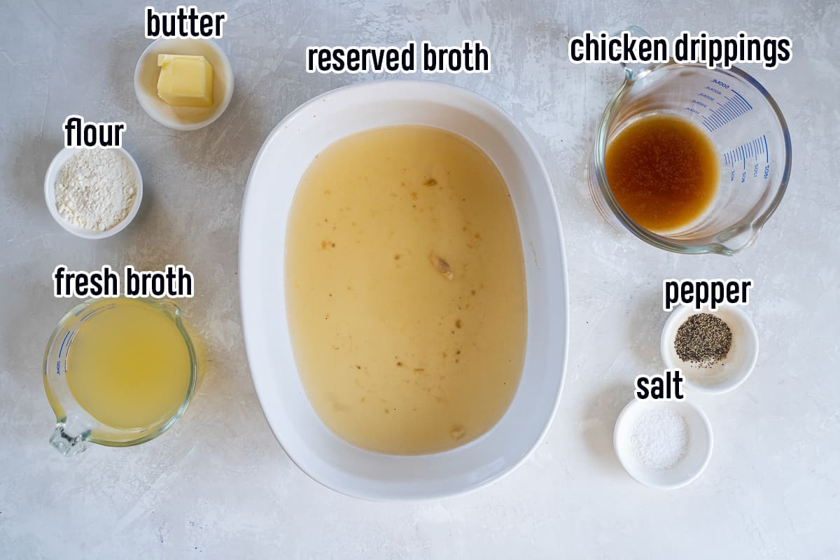 Rotisserie chicken drippings, chicken broth and other ingredients in bowls with text.