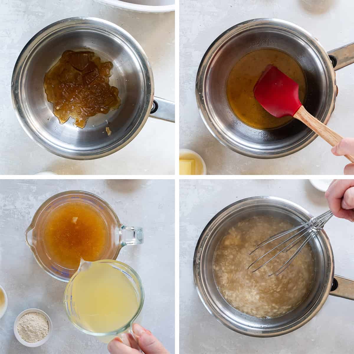 Four images of chicken drippings, broth, and a butter flour mixture being combined in a saucepan to make gravy.