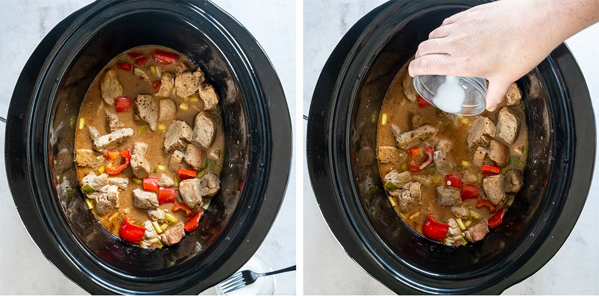 Two images of pork and peppers in a slow cooker and a hand pouring a cornstarch slurry into the sauce.