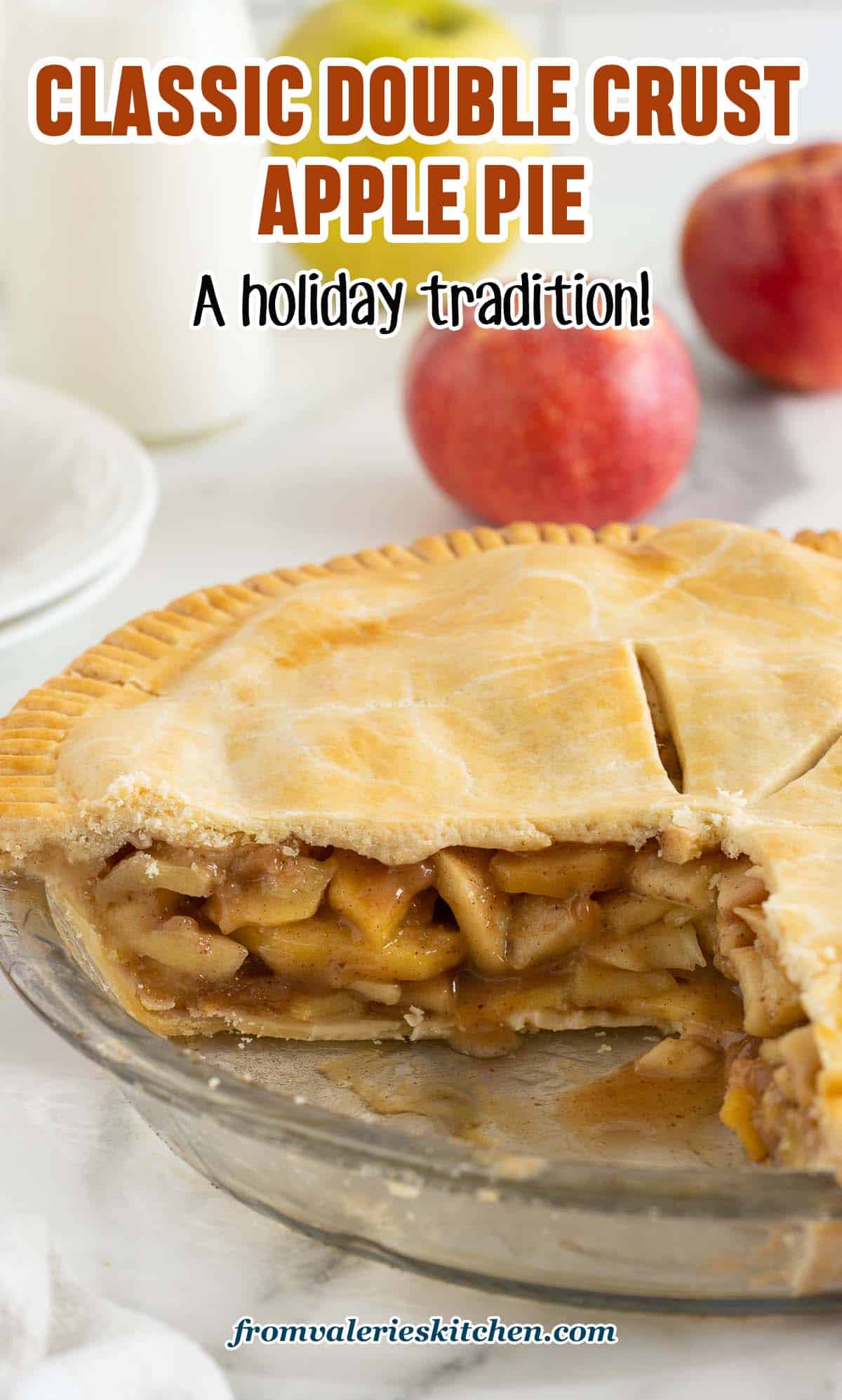 A side view of a sliced apple pie revealing the apple pie filling with text.