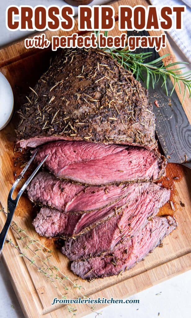 A top down shot of a sliced cross rib roast on a cutting board with text.