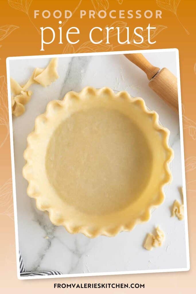 Pie crust in a pie plate with text overlay.