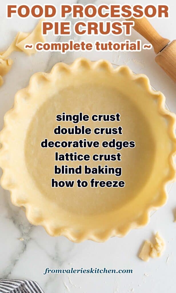 A top down shot of a fluted pie crust in a pie plate with text.