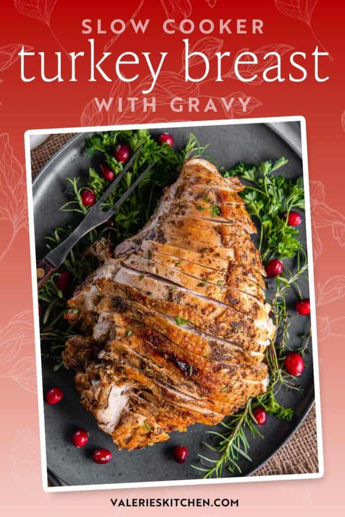 Sliced slow cooker turkey breast on a platter with text overlay.