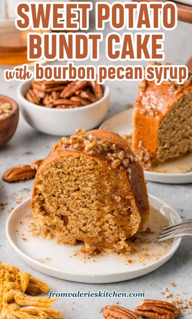 Two slices of sweet potato bundt cake on white plates next to a small bowl of pecans with text.
