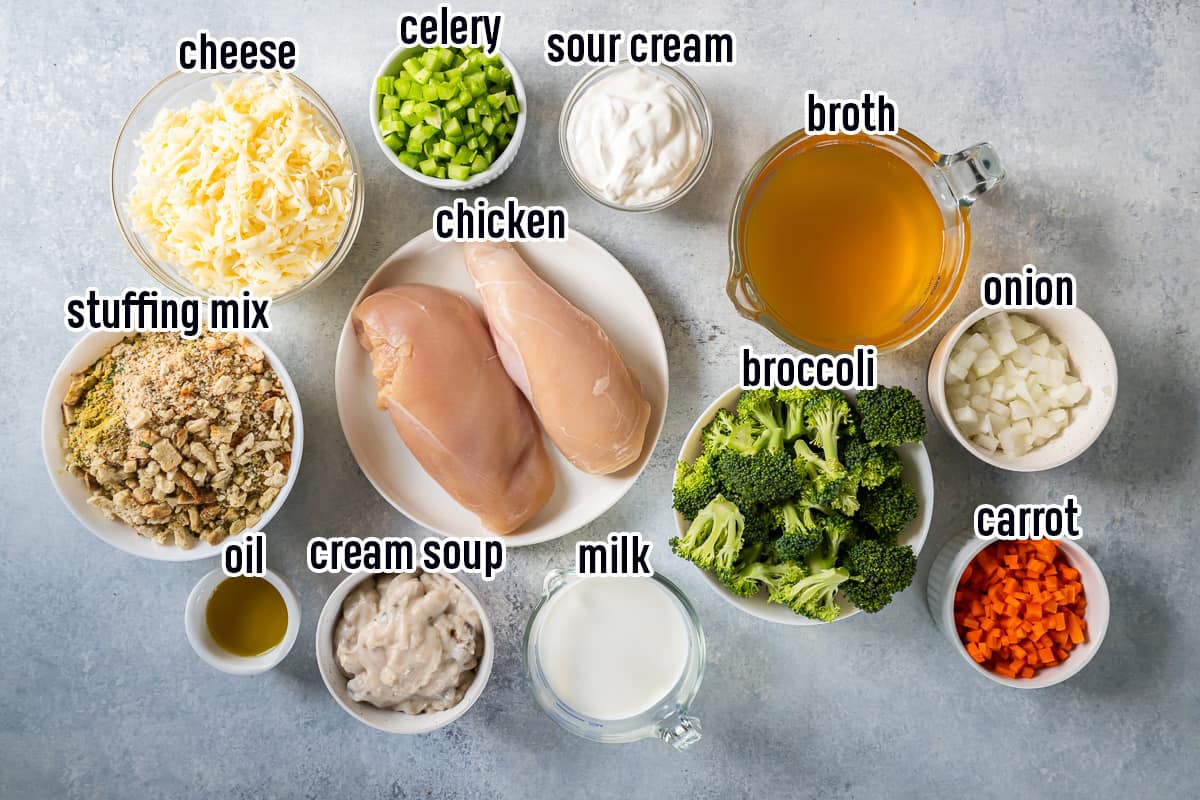 Chicken, broccoli, stuffing mix and other ingredients in bowls with text.