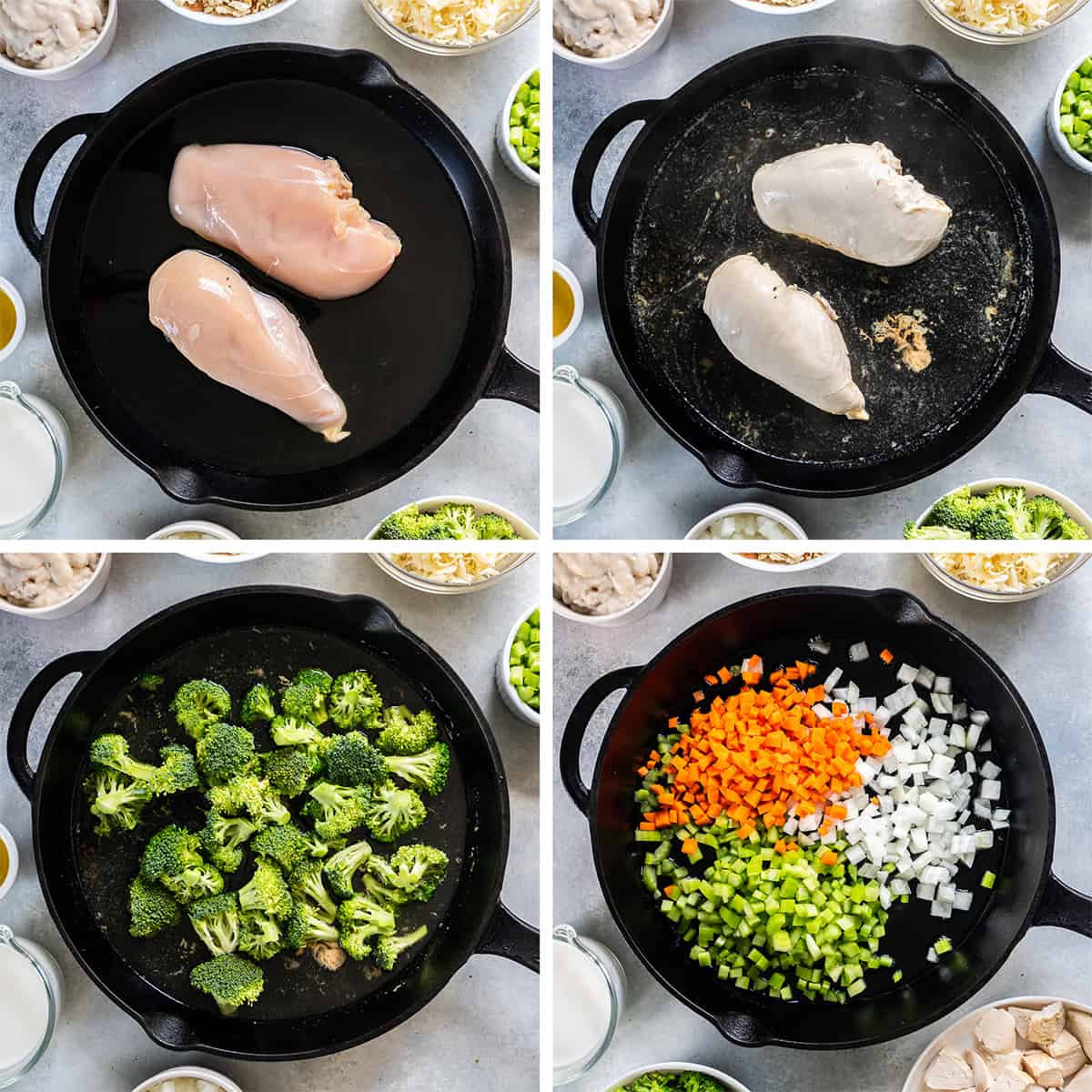 Four images of chicken, broccoli, and veggies cooking in a cast iron skillet.