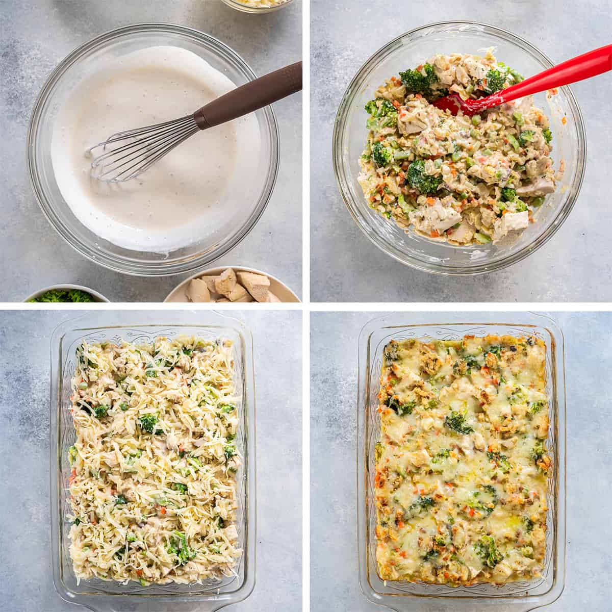 Four images of a cream of mushroom soup mixture combined with stuffing mix, cheese, broccoli and chicken in a bowl and in a baking dish.
