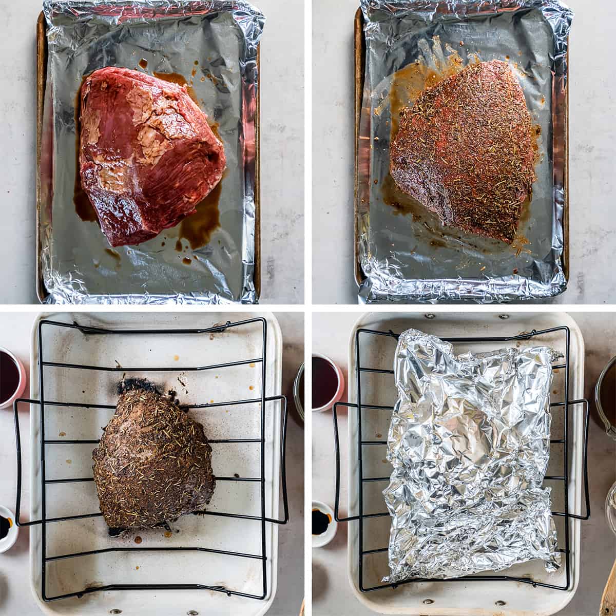 Four images of a cross rib roast in a roasting pan coated with balsamic vinegar and spices and covered with foil after roasting.