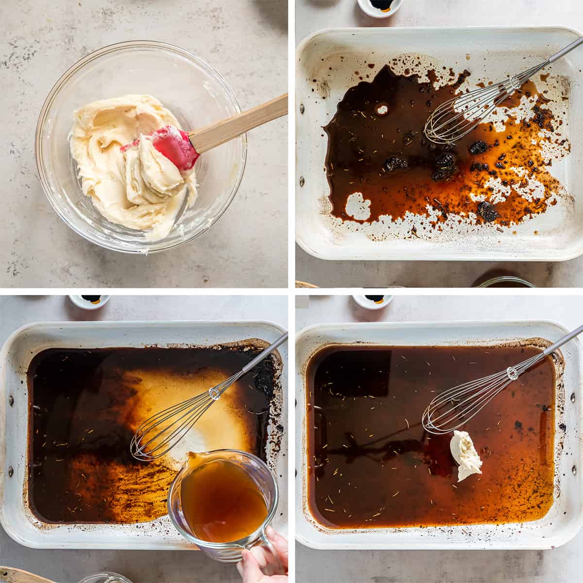 Four images of a butter flour mixture thickening gravy ingredients in a roasting pan.