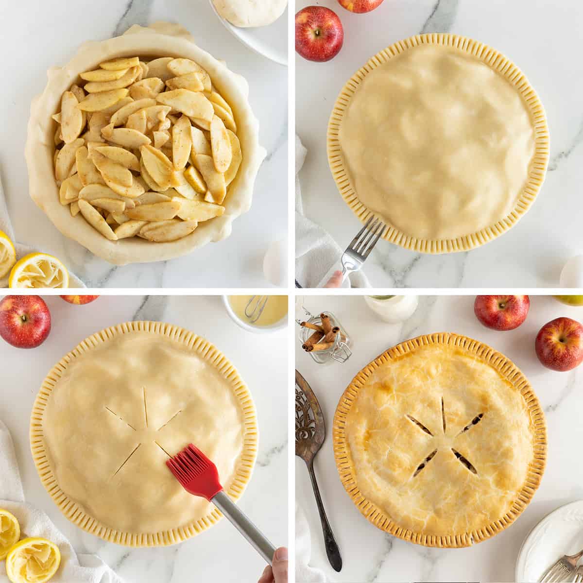 Four images of apple pie filling in a pie crust and then topped with a top crust.