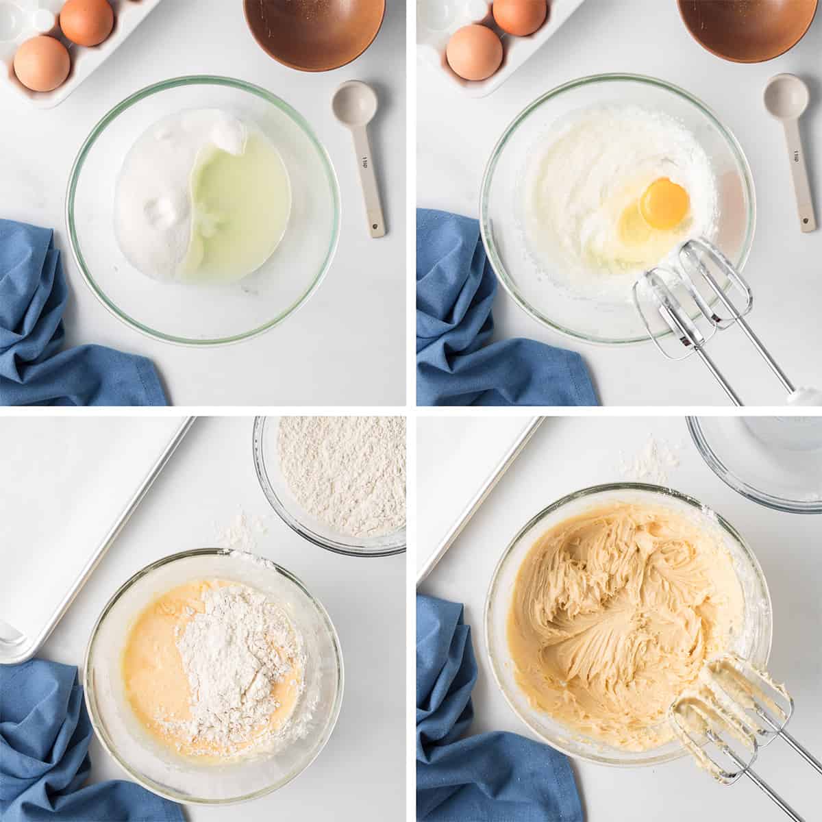 Four images of ingredients being mixed in a bowl to make cookie dough.